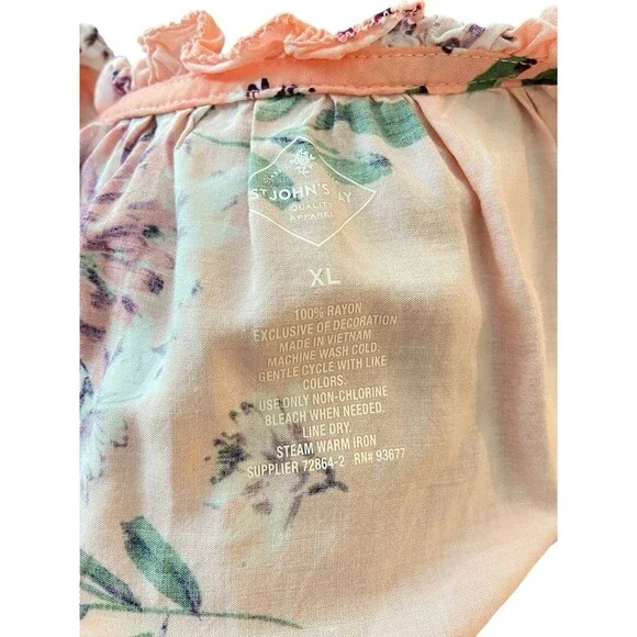St. John’s Bay Peach Floral Tunic Top XL Rayon Tassel Tie Neck‎ Boho Style - Picture 11 of 11